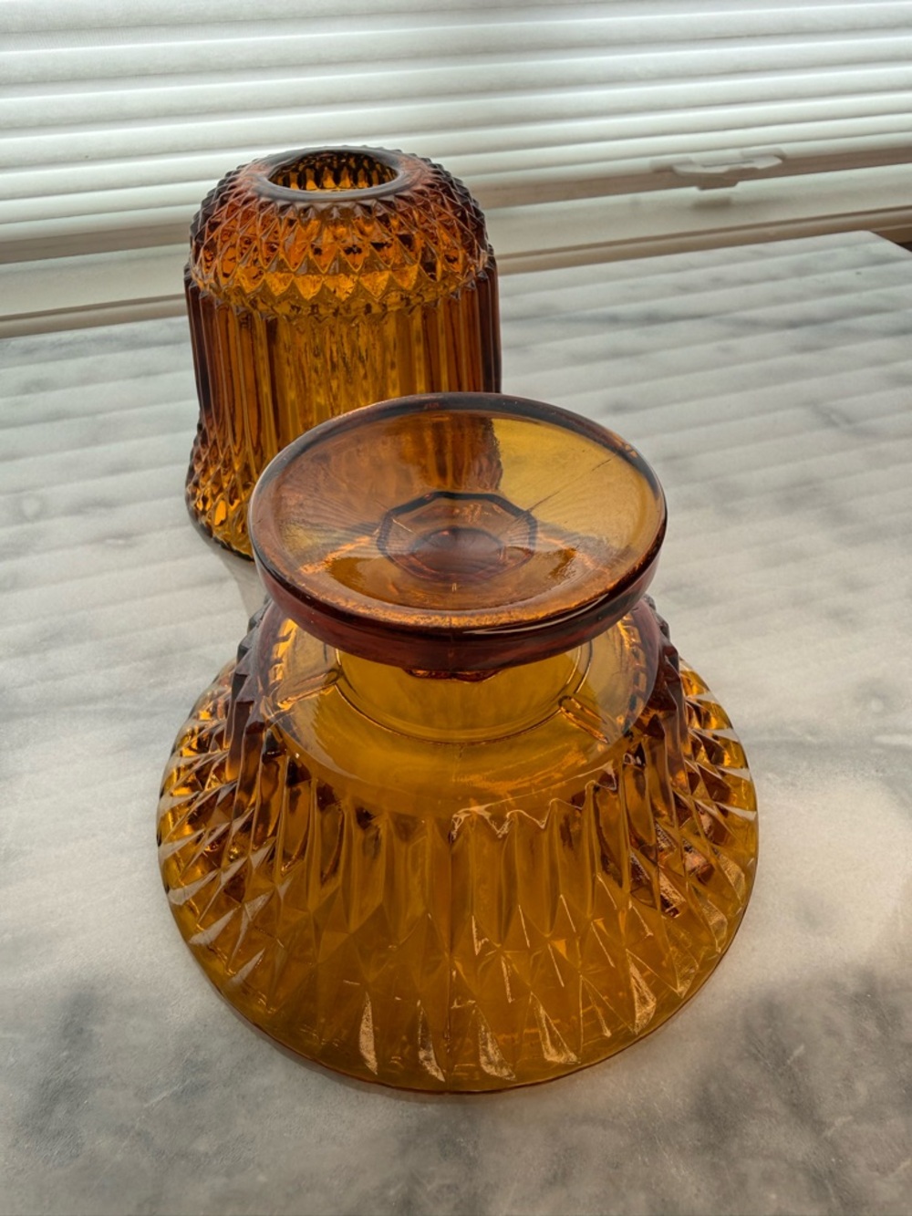 Vintage Indiana Glass Amber Fairy Lamp Diamond Point Pressed Glass Pedestal - Picture 3 of 9